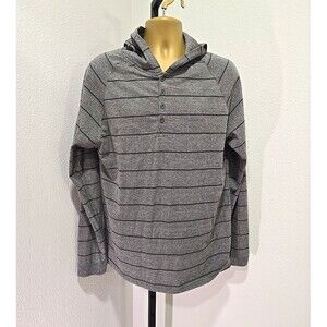 Massive Button Hoodie Pullover Mens XL Knit Streetwear Gray Stripe Classic Retro